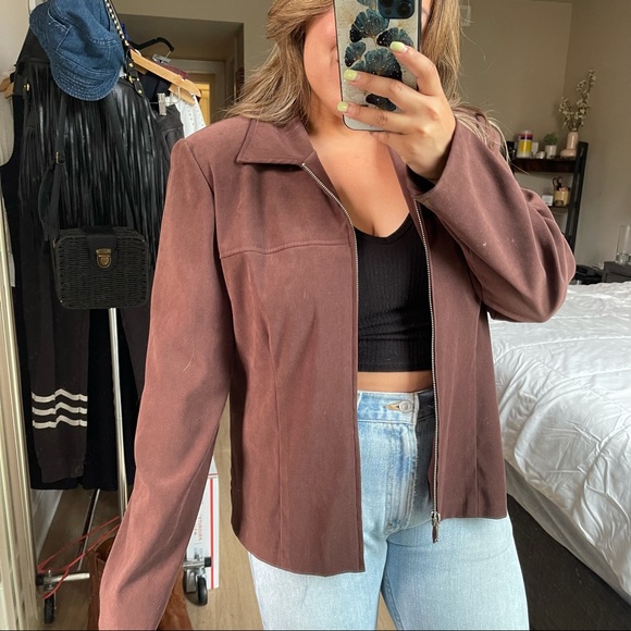 Vintage | Brown Neutral Y2K Zip Up Jacket With Shoulder Pads Size: S & M - Picture 2 of 8